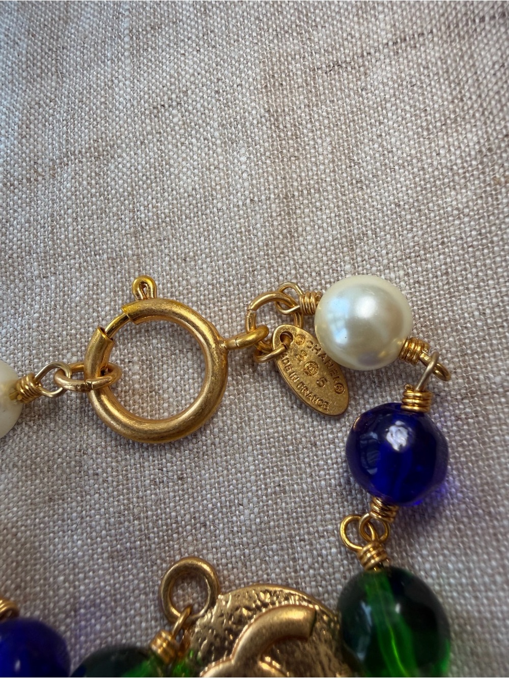 💚Vintage CHANEL Coin Logo Necklace with Blue, Green & Pearl Beads💙 - Picture 6 of 7